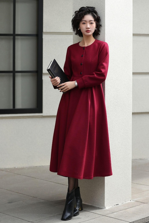 burgundy long sleeve fit and flare dress Burgundy Wool Blend Midi Dress: Long Sleeve Fit and Flare Winter Dress,  Xiaolizi 6612