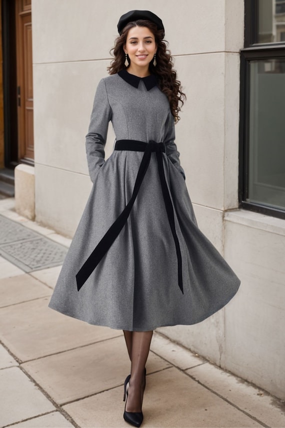 winter dress women, dark gray wool dress, knee length dress, wool dress, pocket dress 1812 winter dress women, dark gray wool dress, knee length dress, wool dress, pocket dress 1812