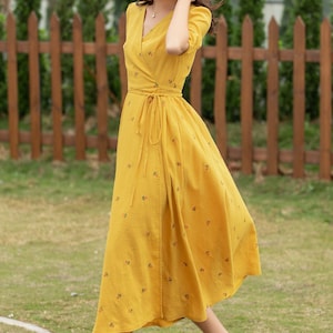 Linen dress, Swing Linen Dress, Wrap dress, Short sleeve floral midi dress, Fit and Flare Dress, Women Modest Linen Dress, Xiaolizi 4947 image 6