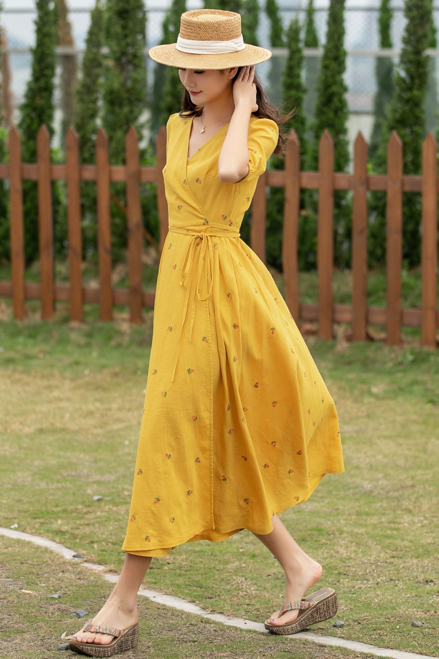 Wrap Linen Dress, Floral Short Sleeve Swing Linen Midi Dress
