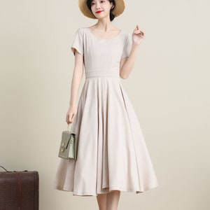 1950s Inspired Short Sleeve Linen Dress, Swing Dress, Fitted Dress ...