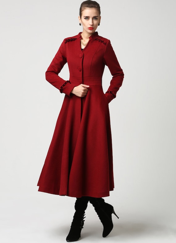 Red Coat Maxi Wool Dress, Long Winter Dress Coat Womens