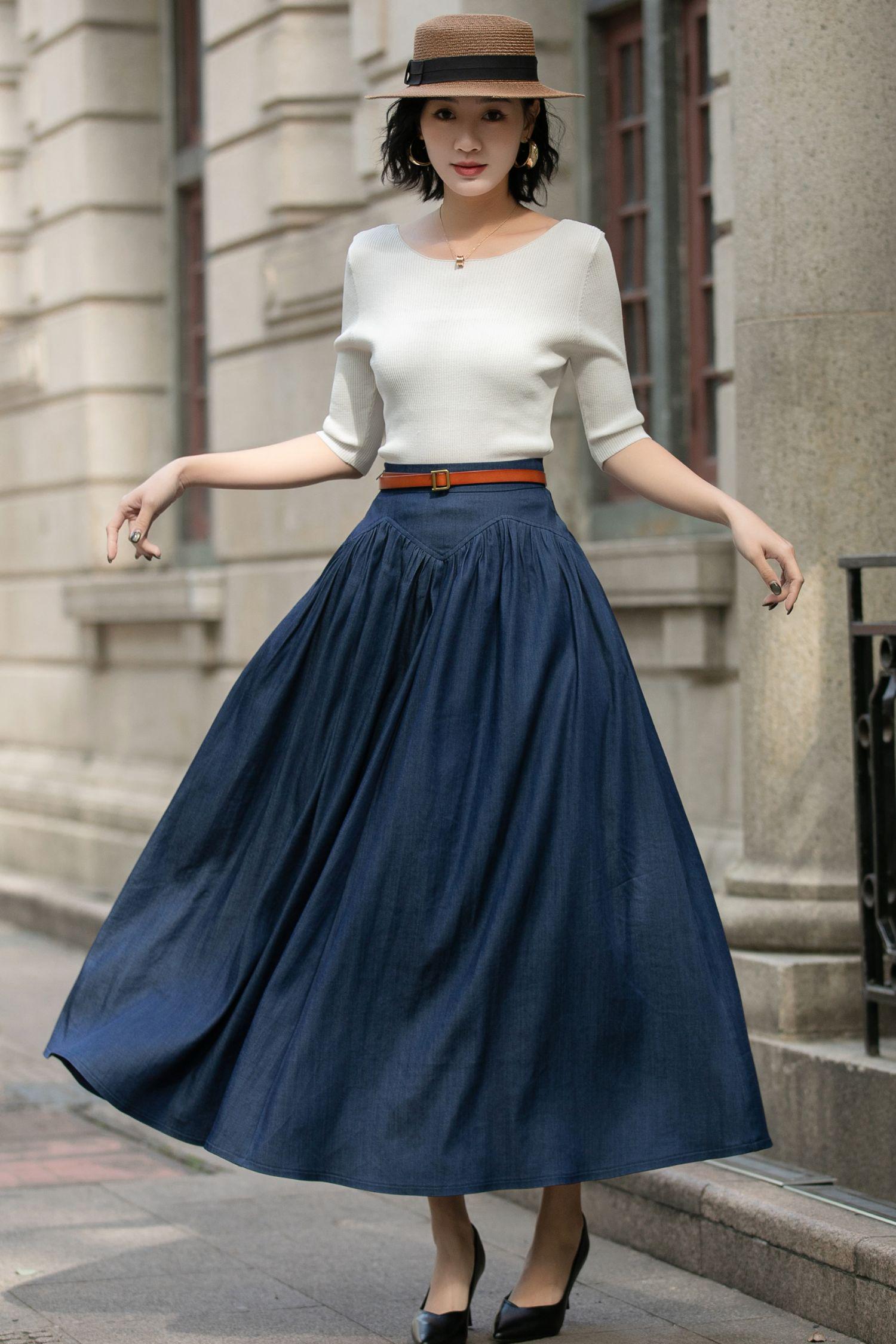 Women's Drawstring Maxi Skirt - High Waist, Ankle Length With Pockets (Blue, Large) - View #5