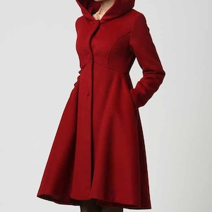 Women's Winter Single breasted wool Coat, red swing hooded princess coat, warm winter outwear, Hooded wool coat, Christmas coat 1117 image 2