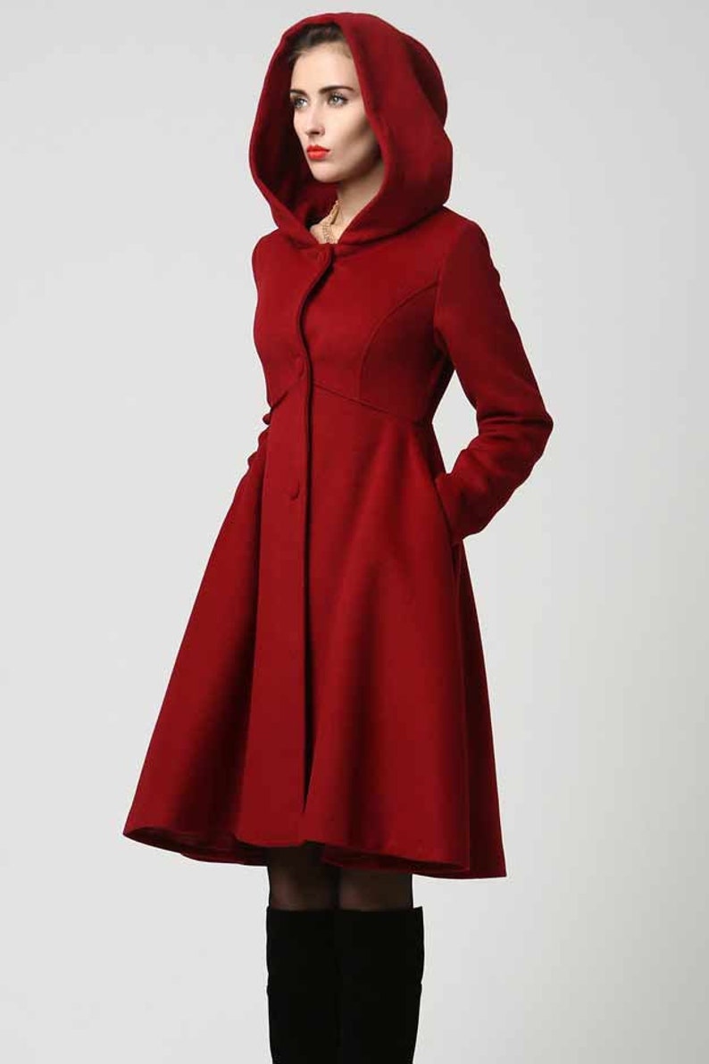 Women's Winter Single breasted wool Coat, red swing hooded princess coat, warm winter outwear, Hooded wool coat, Christmas coat 1117 1 - Red