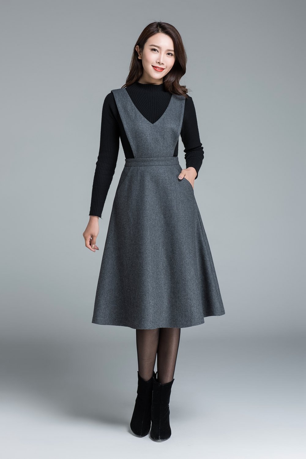 Midi wool dress knee length dress dark grey dress dress | Etsy