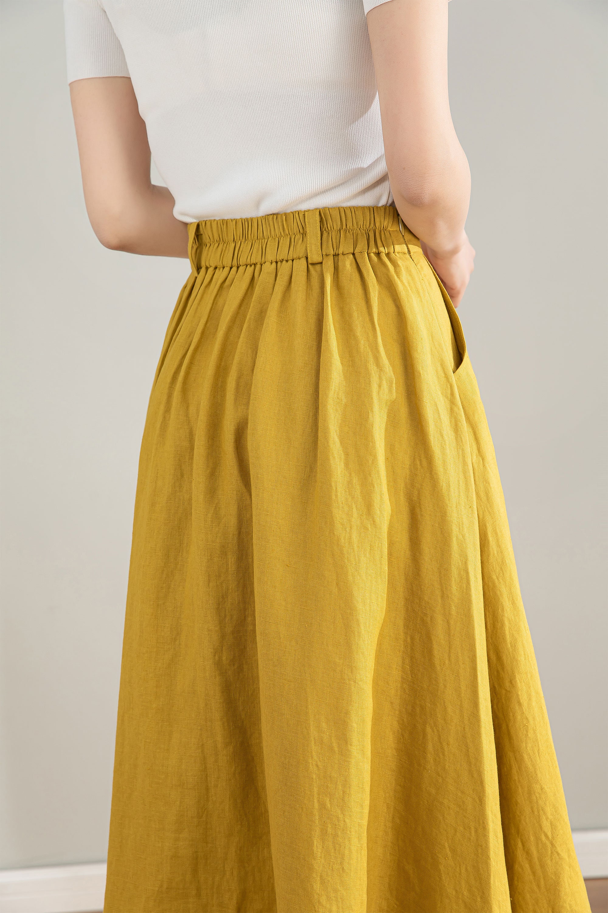 Yellow Linen Skirt, Womens Linen Midi Skirt, Button Front Skirt, A