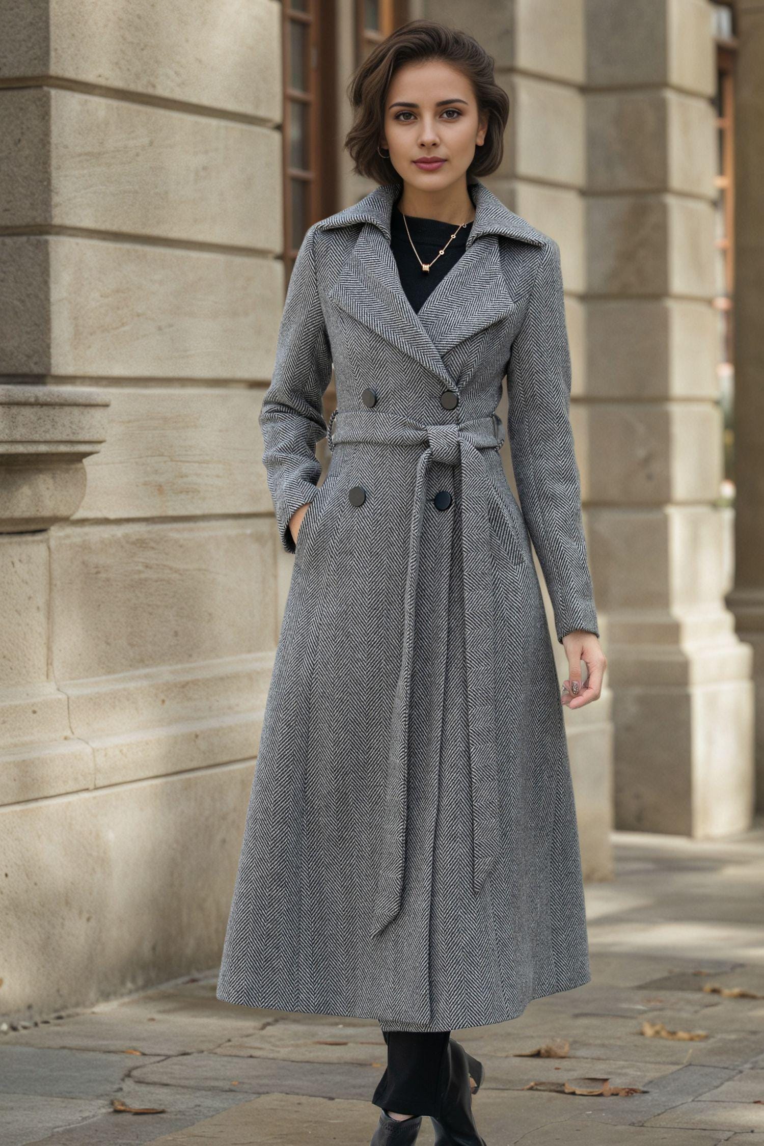 Herringbone Long Wool Trench Coat, Womens A Line Wool Coat, Belted