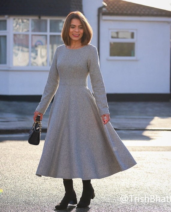 Gray long sleeves wool dress winter women 4143 Gray long sleeves wool dress winter women 4143