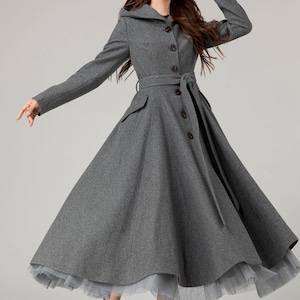 Hooded tie blet gray long winter wool coat 5481 Hooded tie blet gray long winter wool coat 5481
