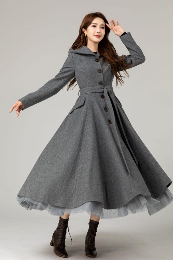 Hooded tie blet gray long winter wool coat 5481 Hooded tie blet gray long winter wool coat 5481