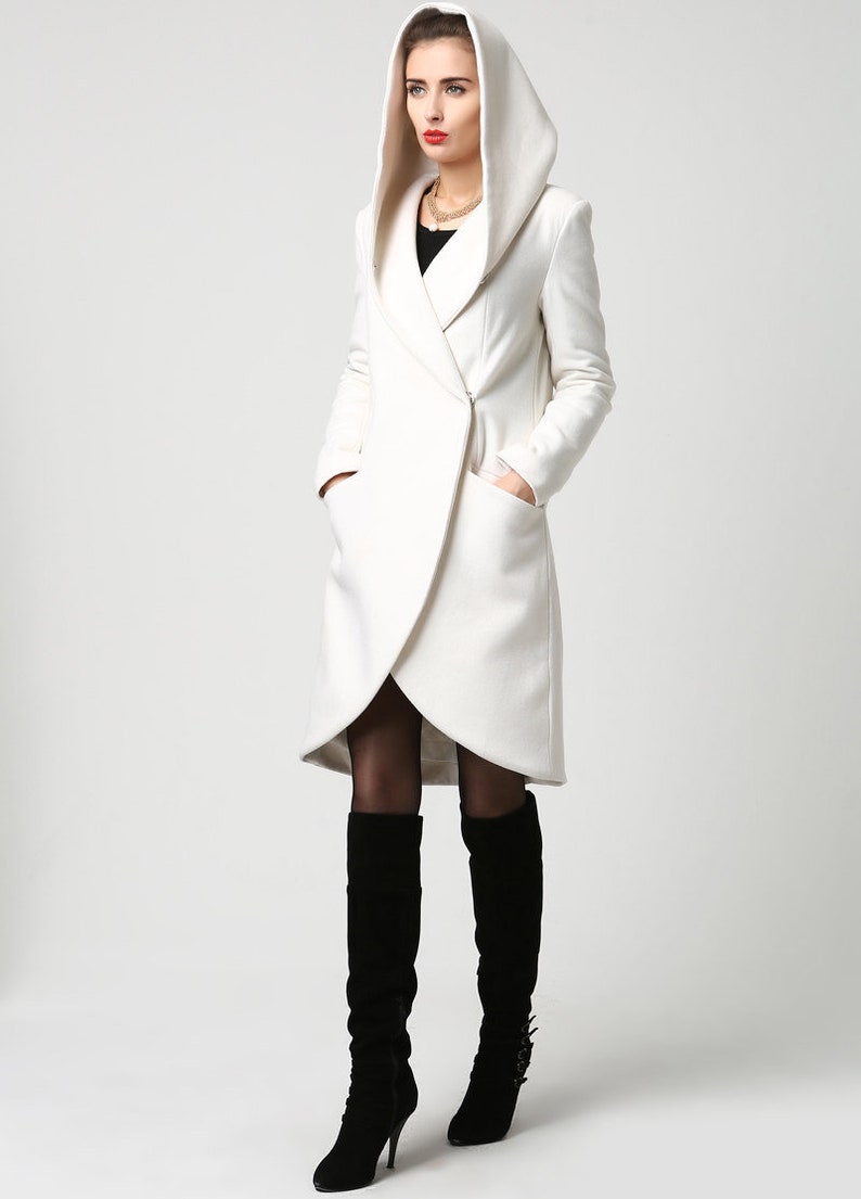 Wrap coat, wool coat, white coat, hooded coat, winter coat, short coat, womens coats, casual coat, mod clothing, custom made 1119 White