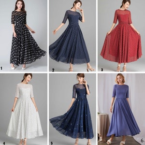 Polka Dot Maxi Chiffon Dress Women, Fit and Flare Dress, Swing Chiffon Long Maxi Dress with sleeve, Wedding Dress, Summer Boho Dress 1534 image 9