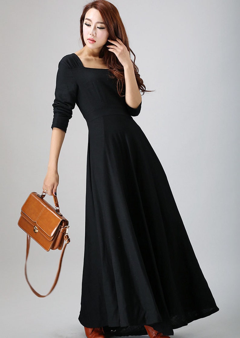 Linen dress, Long sleeve Linen Maxi dress with pockets, Women Linen dress, Black Linen dress, Spring autumn dress, Custom dress 0793 image 5