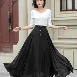 Office wear skirt, Burgundy Chiffon Maxi Skirt, A Line Long swing Skirt, Summer Womens Flare Skirt, Custom Skirt, Xiaolizi 5220 4-Black