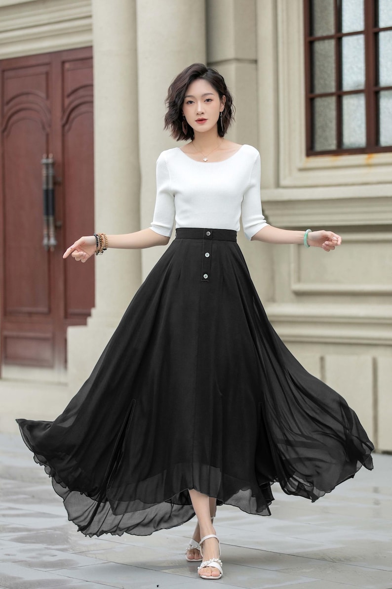 Office wear skirt, Burgundy Chiffon Maxi Skirt, A Line Long swing Skirt, Summer Womens Flare Skirt, Custom Skirt, Xiaolizi 5220 4-Black
