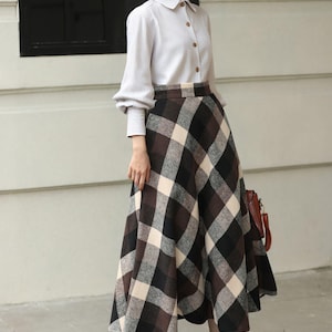 Plaid Wool Midi Skirt: High Waisted A-Line Vintage Style, Plus size, Custom, Xiaolizi 6421# image 3