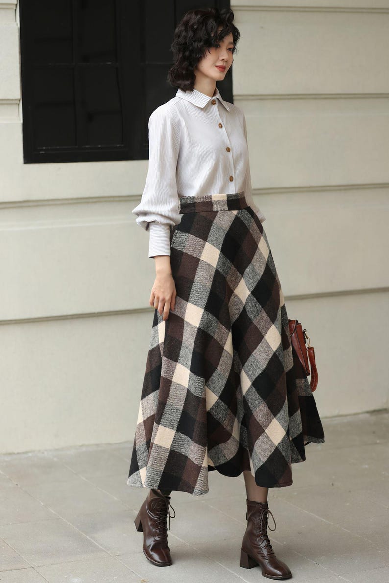 Plaid Wool Midi Skirt: High Waisted A-Line Vintage Style, Plus size, Custom, Xiaolizi 6421# image 3