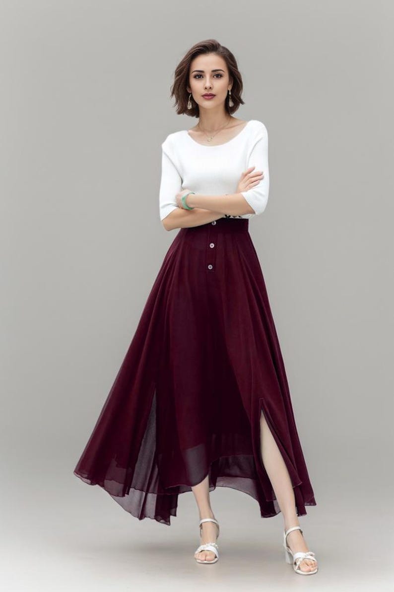 Office wear skirt, Burgundy Chiffon Maxi Skirt, A Line Long swing Skirt, Summer Womens Flare Skirt, Custom Skirt, Xiaolizi 5220 2-Burgundy