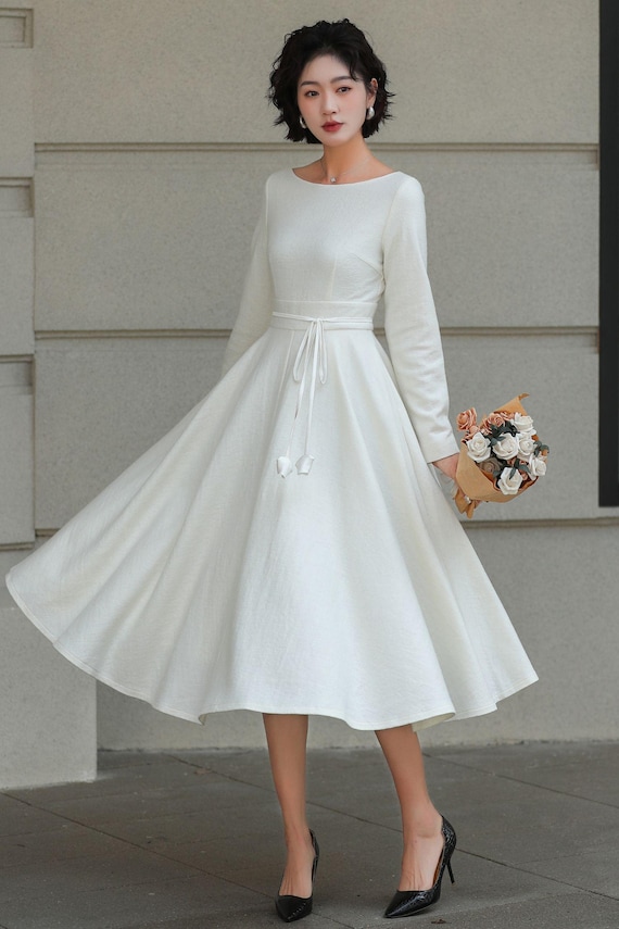 long sleeve fit and flare wedding guest dress Buy White Wool Midi Dress, Fit and Flare Wedding Guest Dress, Custom,  Xiaolizi 6509# Online in India