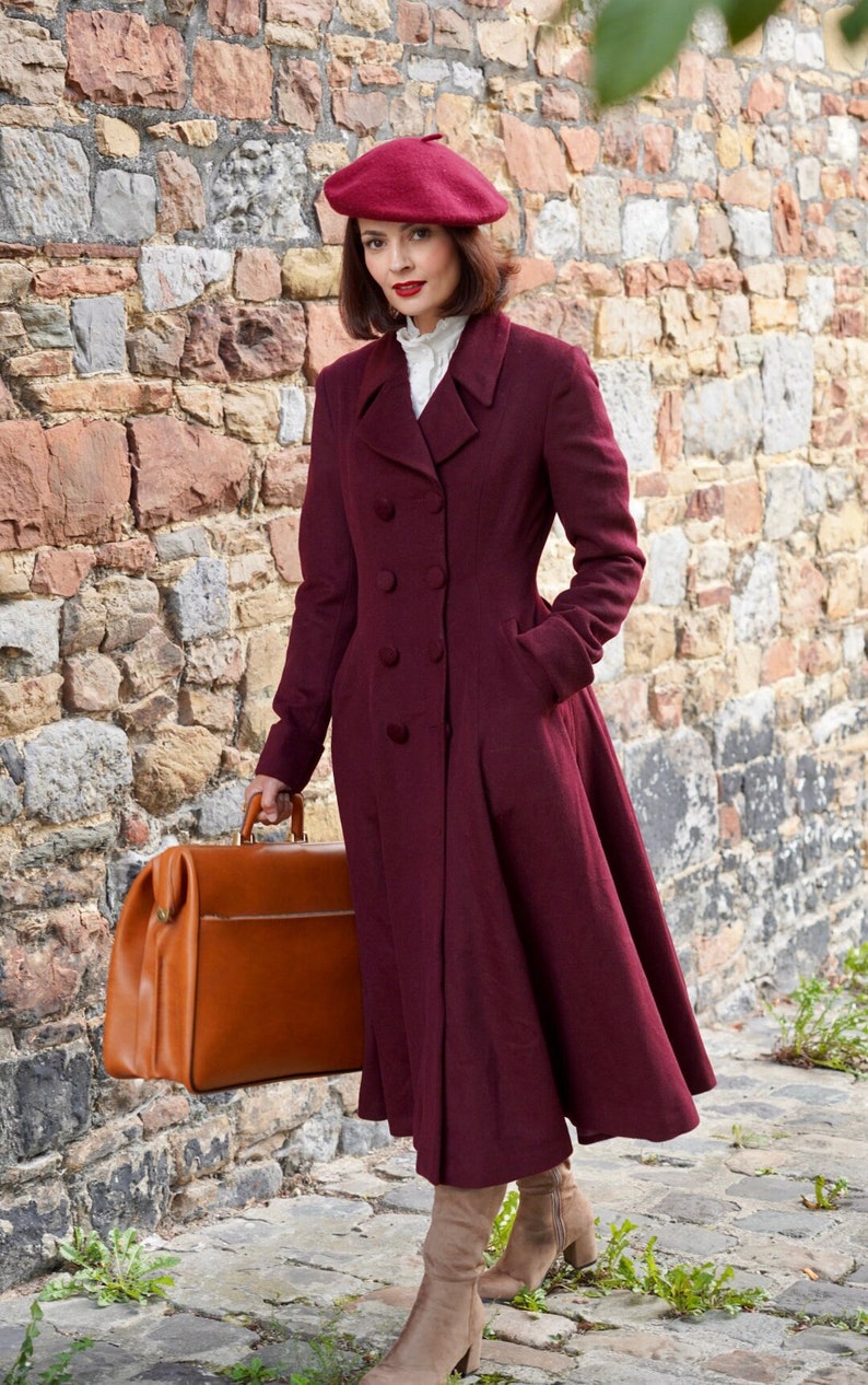 Wool Coat, Wine Red Wool Princess Coat, 1940s wool coat, Long Wool Coat, Winter Coat women, Wool Coat Women, Warm Wool Coat, Xiaolizi 3864 image 4