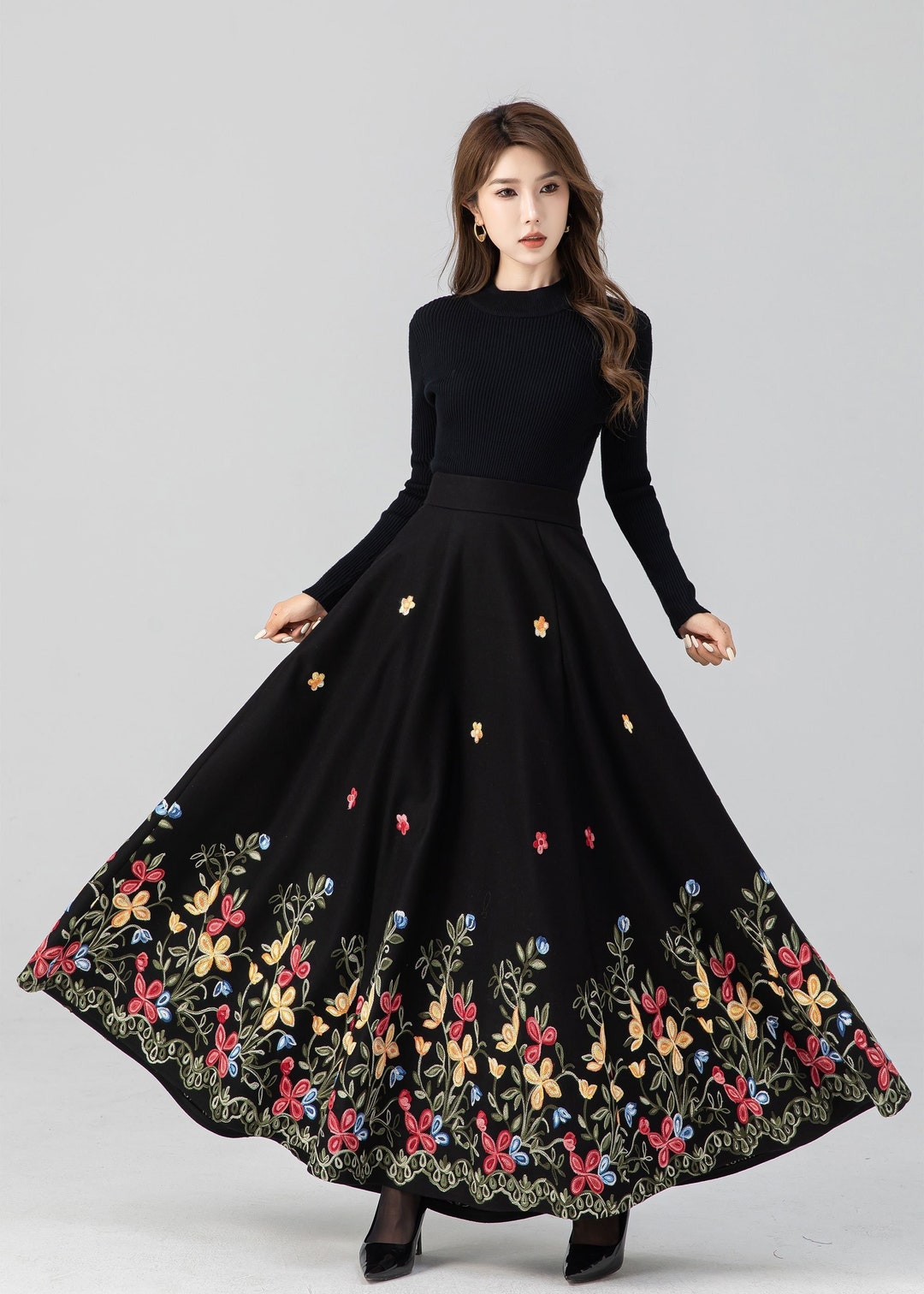 Jupe longue en laine brod?�e noire Jupe taille haute Jupe - Etsy France