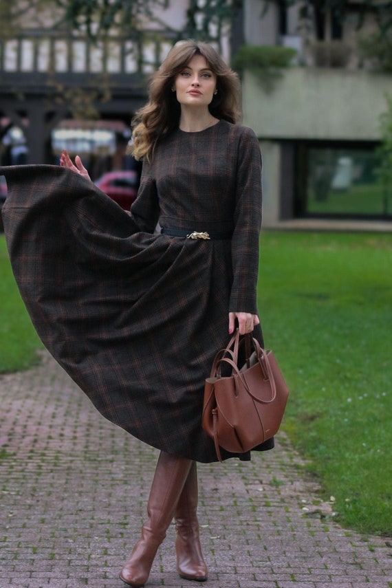 Wool Midi Dress, Plaid Wool Dress, Swing Wool Dress, Long Sleeve