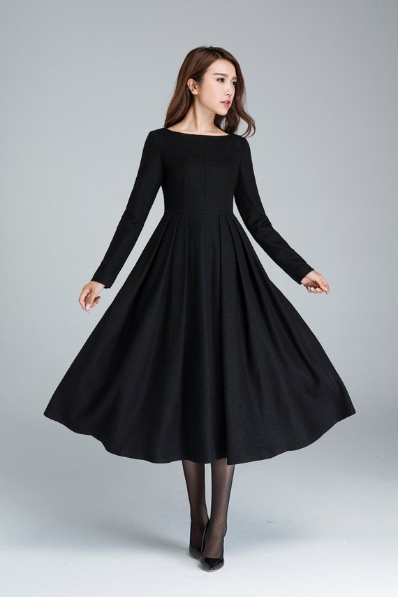 black wool dress pleated dress winter dress midi dress Etsy