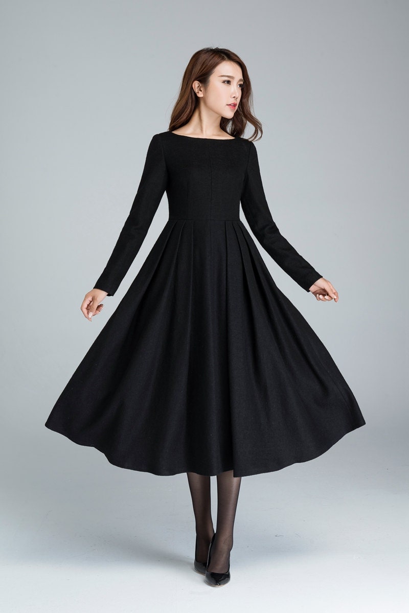 black wool dress pleated dress winter dress midi dress | Etsy