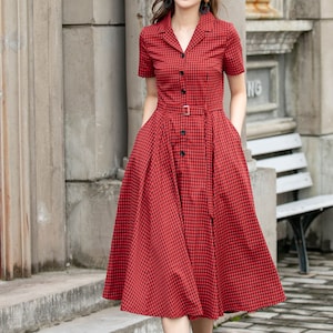 Plaid Shirt dress, Swing Shirt Dress, Red Midi Dress Women, Fit and Flare Dress, Short Sleeve Linen Dress, Xiaolizi, Custom Dress 4420