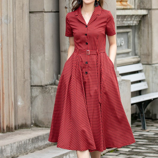Plaid Shirt dress, Swing Shirt Dress, Red Midi Dress Women, Fit and Flare Dress, Short Sleeve Linen Dress, Xiaolizi, Custom Dress 4420