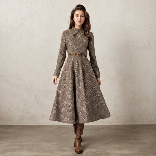 Plaid Wool Dress, Vintage Inspired Wool Dress, Long Sleeves Swing