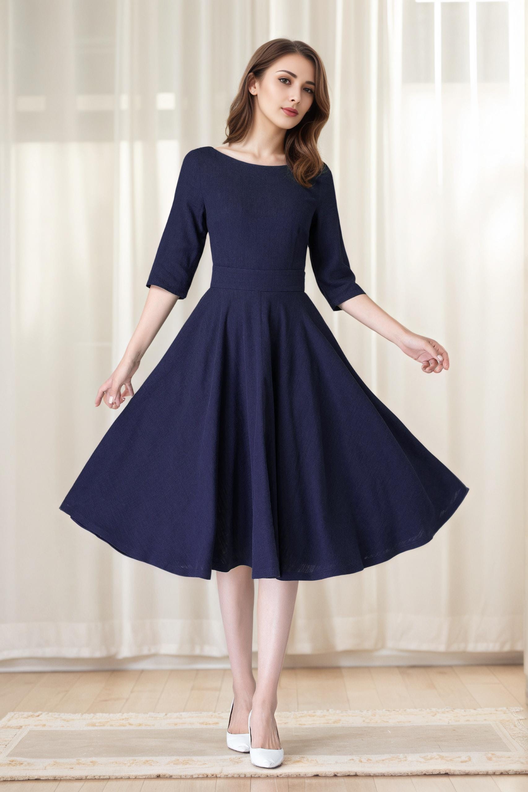 green emerald velvet dress Sympli Fit N Flare 3/4 Sleeve Scoop Neck Dress Black / 6 main image 0
