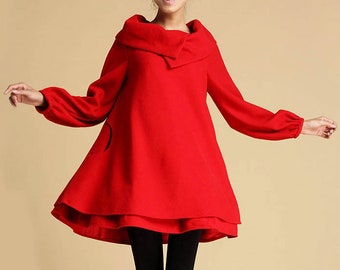 Wool dress, Winter Wool Tunic Dress Women, Red Swing Wool Dress, Plus size Wool Dress, Oversized Dress with Pockets, Xiaolizi Dress 0349#