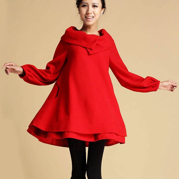 Wollkleid, Winter Wolle Tunika Kleid Frauen, Rotes Swing Wollkleid, Übergroßes Wollkleid, Übergroßes Kleid mit Taschen, Xiaolizi Kleid 0349#