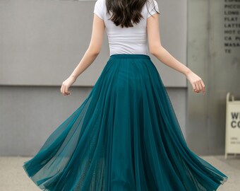 Chiffon Skirt, Elastic Waist Boho Tulle Midi Skirt, Women