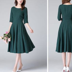 Modest Midi dress, Half Sleeve Linen Swing dress, Womens dress, fit and flare dress, House dress with pockets, Party dress 1903 image 3