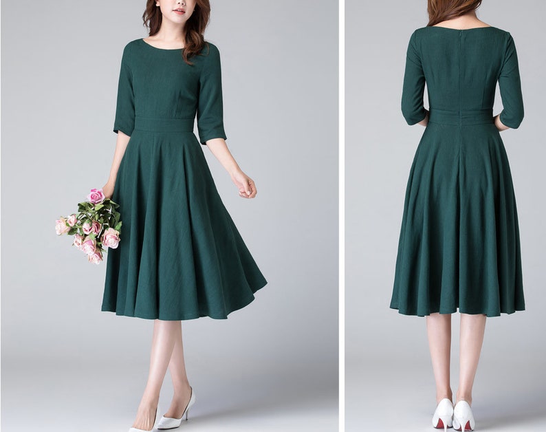 Modest Midi dress, Half Sleeve Linen Swing dress, Womens dress, fit and flare dress, House dress with pockets, Party dress 1903 Green-1903#