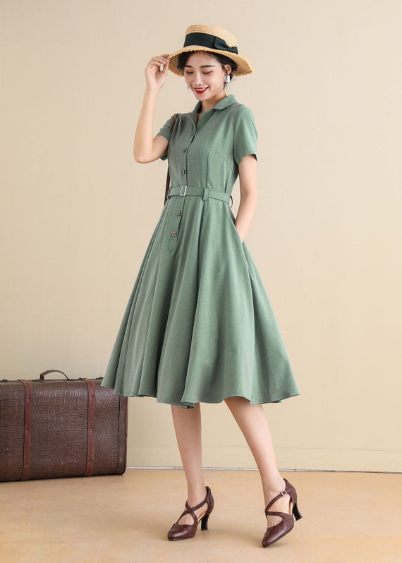 1950s Green Midi Linen Shirt Dress 2790 1950s Green Midi Linen Shirt Dress 2790