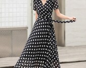 Black Polka Dot Chiffon Dress, Summer Woman Wrap Dress 2862 Black Polka Dot Chiffon Dress, Summer Woman Wrap Dress 2862
