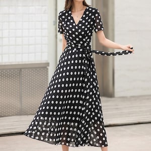 Black Polka Dot Chiffon Dress, Summer Woman Wrap Dress 2862 Black Polka Dot Chiffon Dress, Summer Woman Wrap Dress 2862