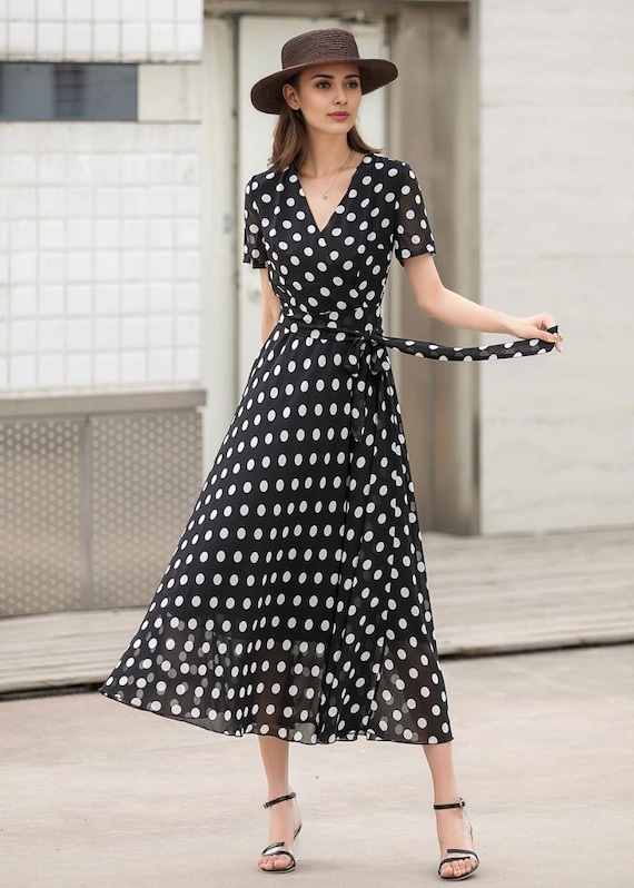 Black Polka Dot Chiffon Dress, Summer Woman Wrap Dress 2862 Black Polka Dot Chiffon Dress, Summer Woman Wrap Dress 2862