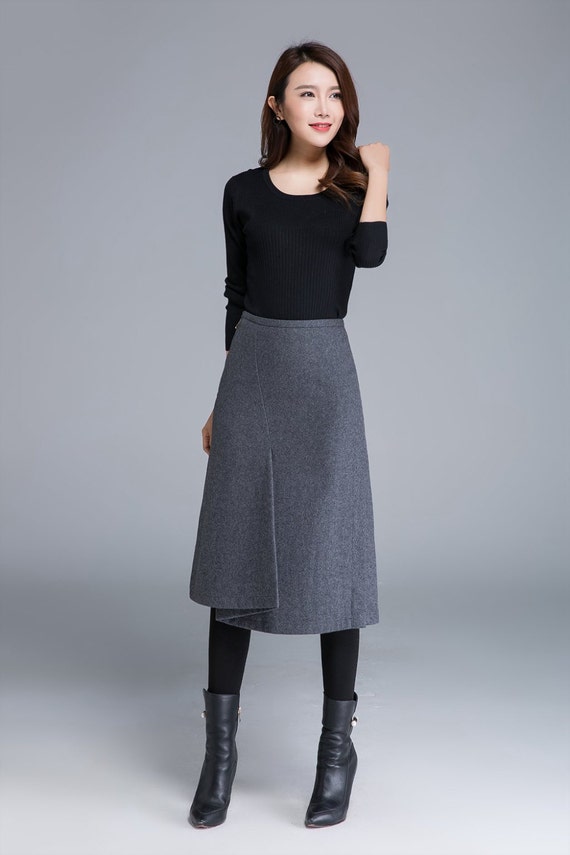Pencil Skirt Wrap Skirt Midi Skirt Wool Skirt Dark Grey Etsy