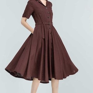 Vintage Inspired Swing Midi Dress Women, Fit and Flare Dress, 50s Work Dress, Short sleeve Button up Long Dress, Custom party dress 2318 2- Brown