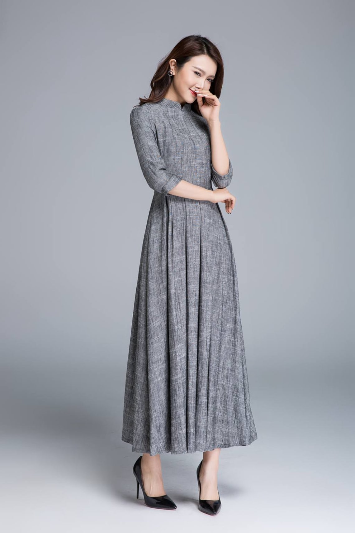 Comfy dress dark gray dress linen dress fitted dress Etsy