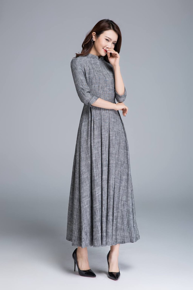 Comfy dress dark gray dress linen dress fitted dress Etsy
