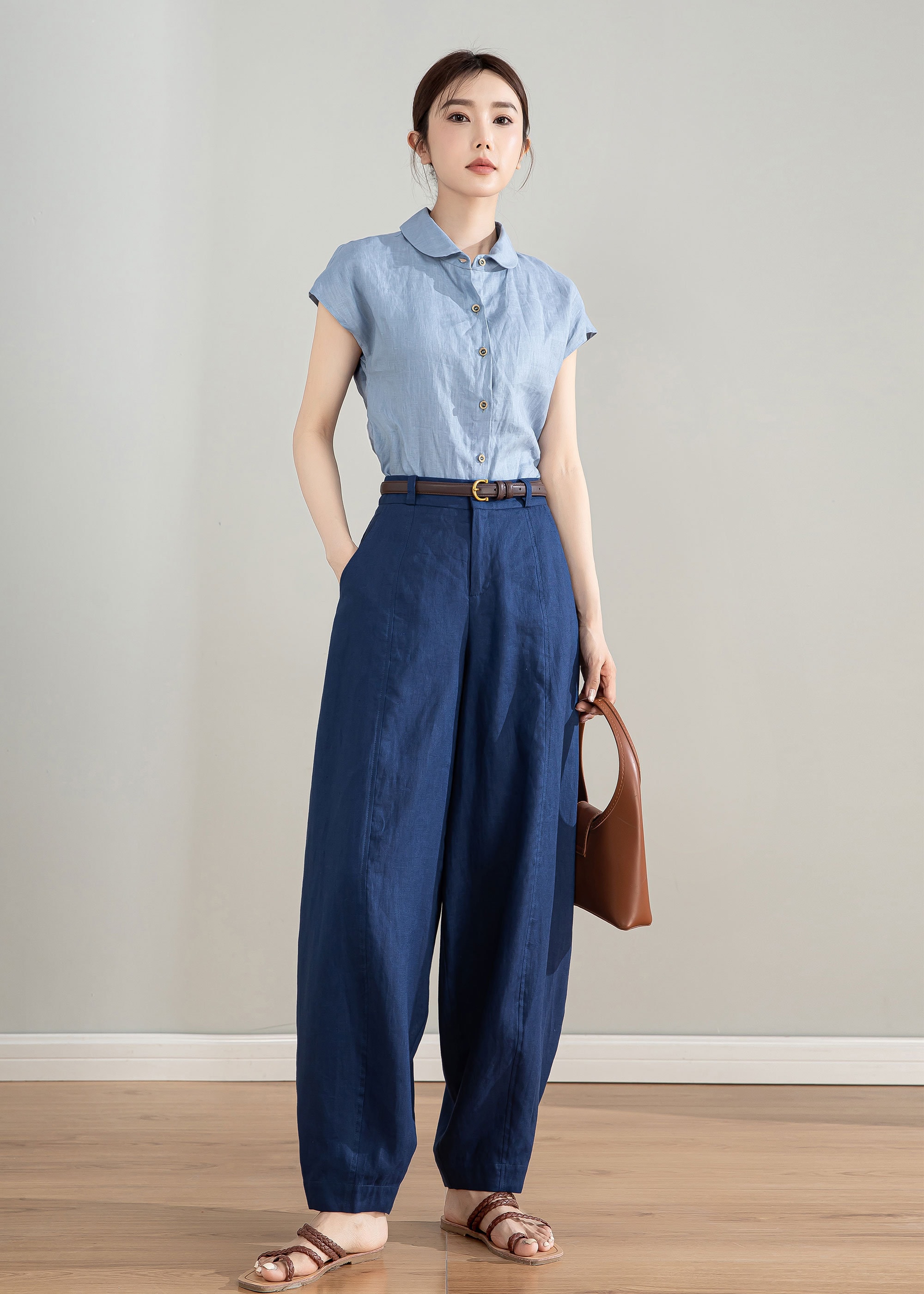 Blue Baggy Linen Pants, Tapered Linen Pants, Wide Leg Linen