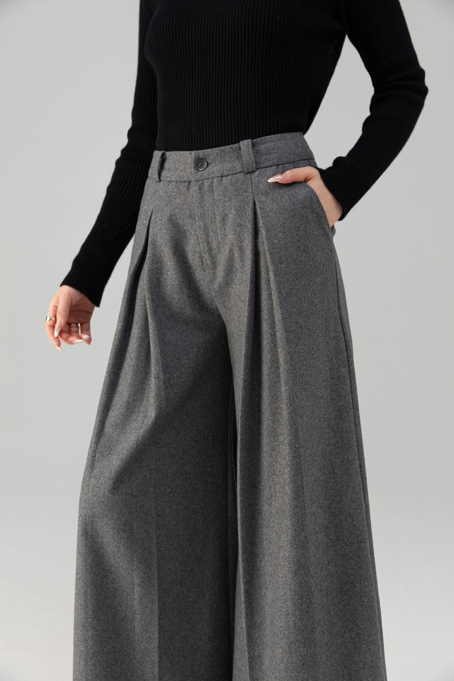 Gray Wool Blend Wide Leg Pants: High Waisted Women's Pleated