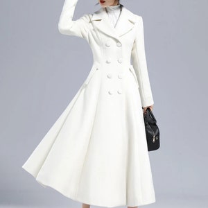 Vintage inspired Long wool coat, Winter coat women, Wool coat women, fit and flare coat, Double breasted Wedding wool coat, Xiaolizi 2412 White