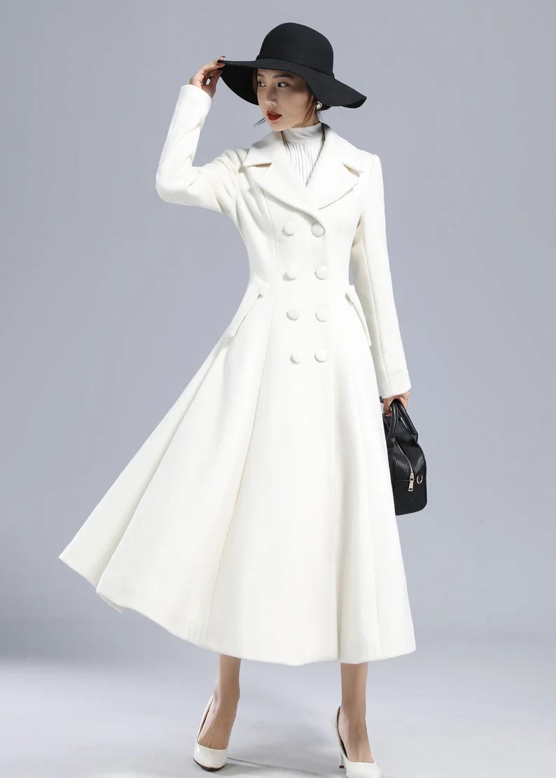 Vintage inspired Long wool coat, Winter coat women, Wool coat women, fit and flare coat, Double breasted Wedding wool coat, Xiaolizi 2412 White